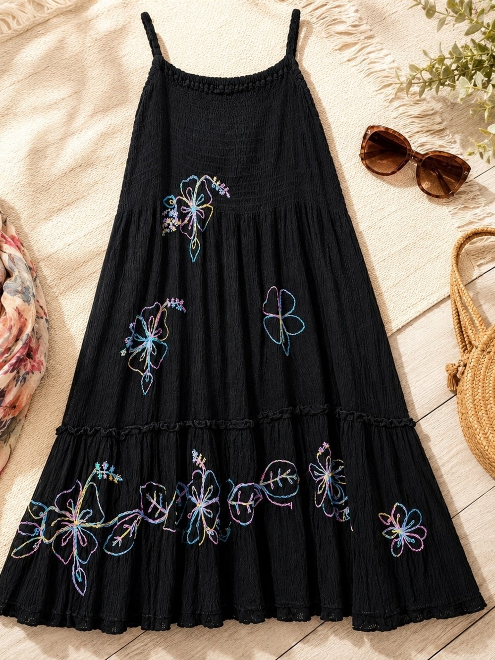 Black Rayon Embroidered Boho Midi Dress From Indonesia S/M
